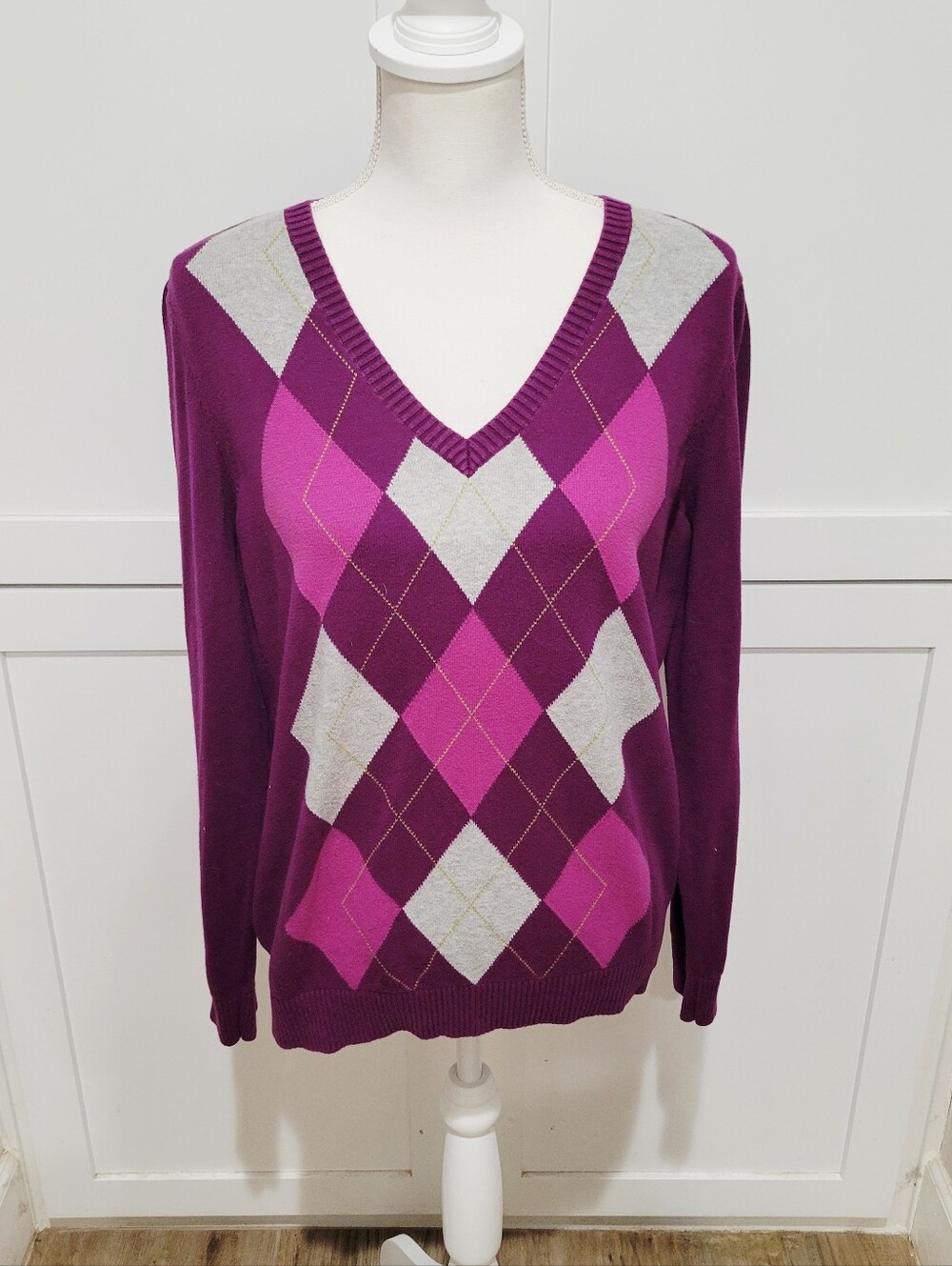 Y2K IZOD Purple Preppy Academia Sweater w/Gray & Pink Argyle Diamond Pattern | L